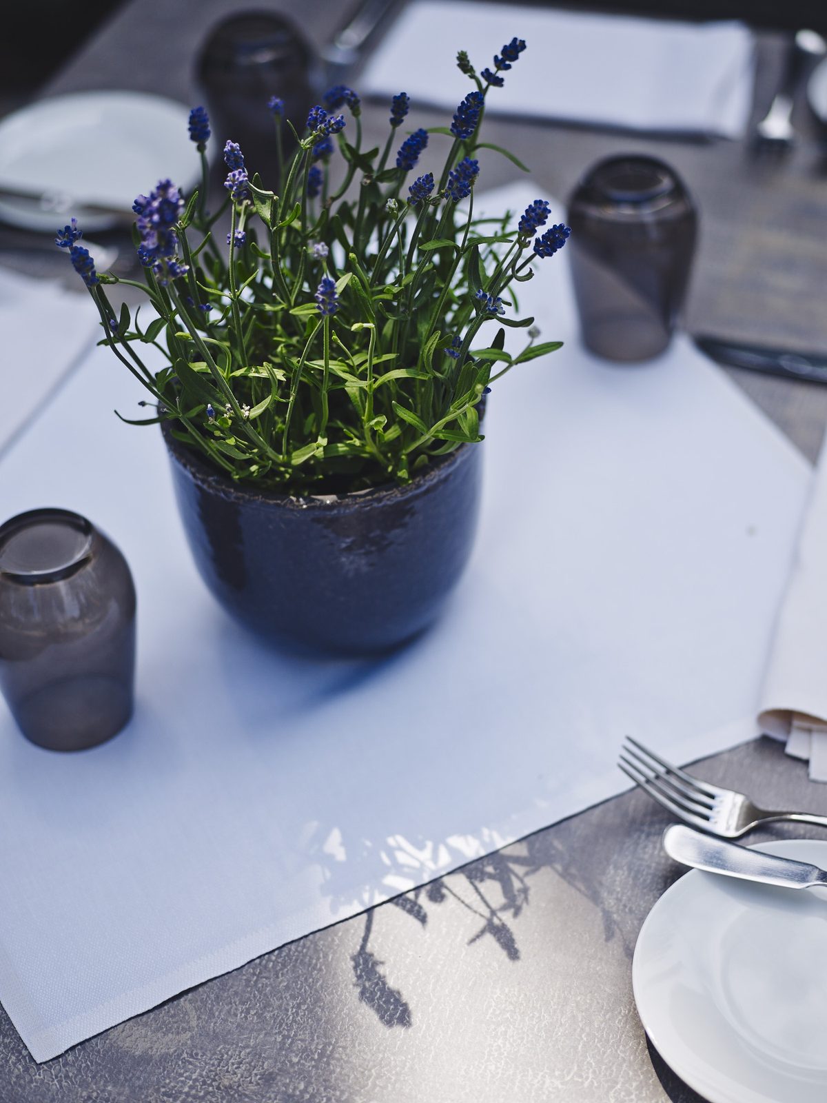 Gedeckter Tisch mit Lavendel im Hause Auberge de Temple